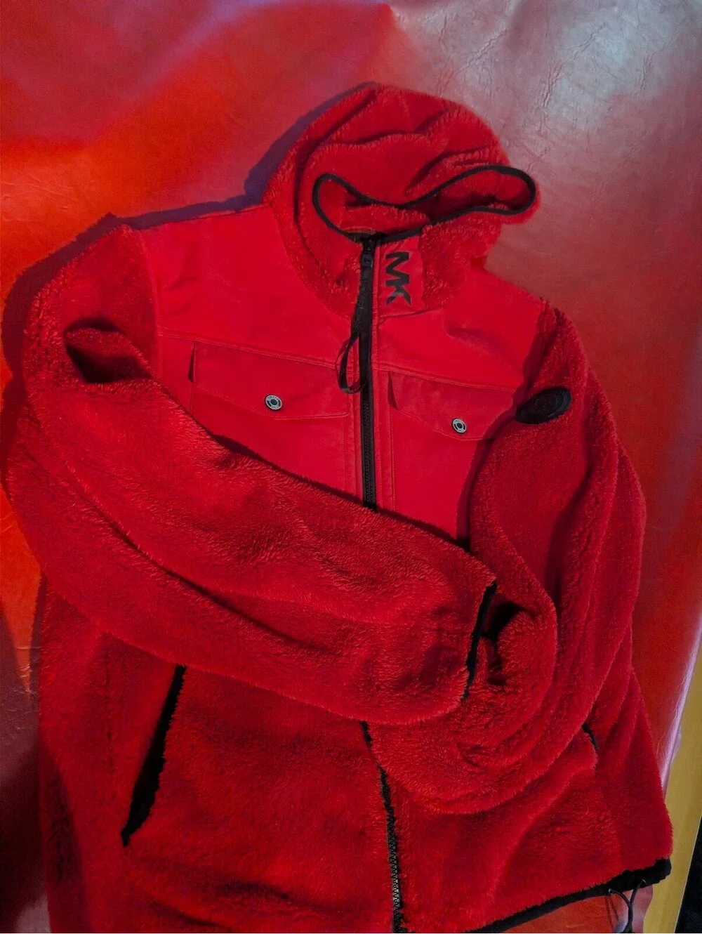Michael Kors Red Fleece Hooded Jacket with Front Pockets